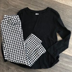 Black shirt and patterned pants